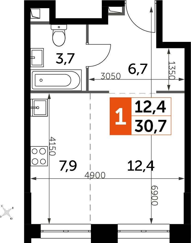 Студия с частичной отделкой, 30.7 м2, 8 этаж, дом сдан, ЖК Sydney City, корпус 1 - объявление 2212348 - фото №1
