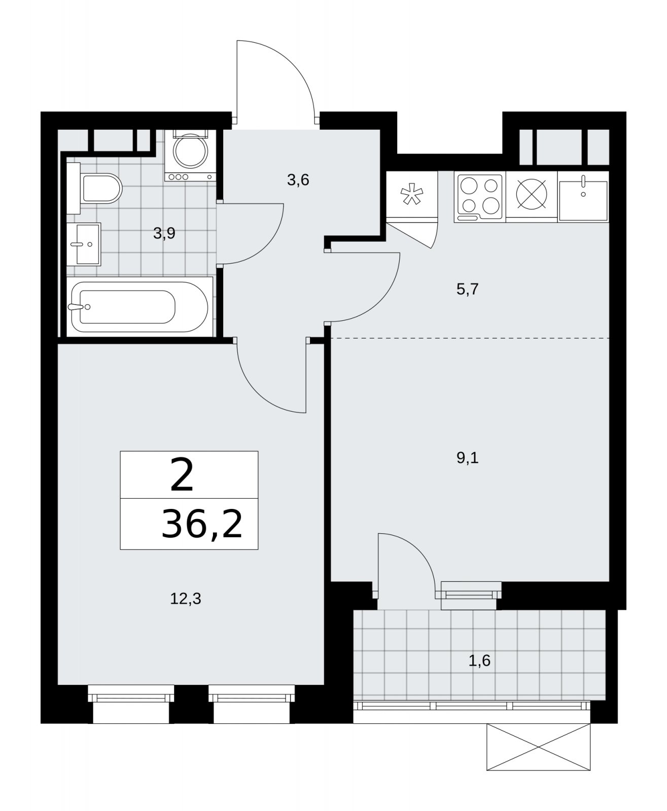 2-комнатная квартира (евро) с частичной отделкой, 36.2 м2, 12 этаж, сдача 2 квартал 2026 г., ЖК Скандинавия, корпус 25.1 - объявление 2283421 - фото №1