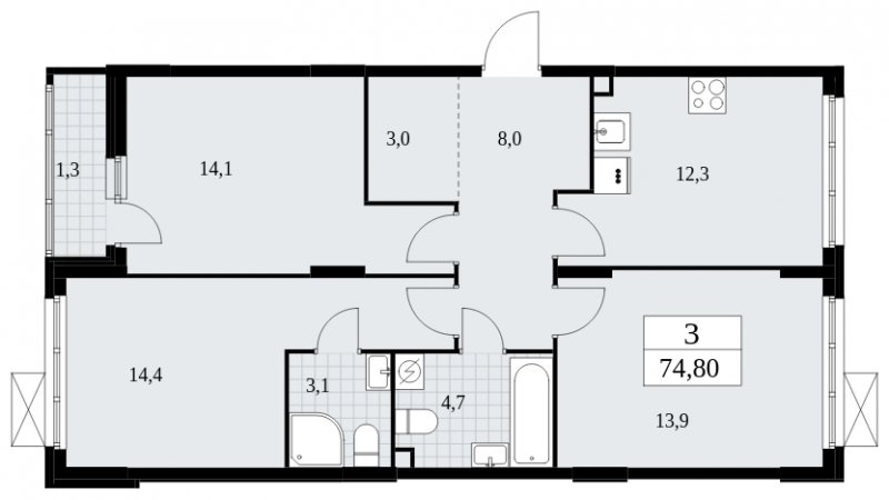 3-комнатная квартира без отделки, 74.8 м2, 2 этаж, сдача 4 квартал 2024 г., ЖК Скандинавия, корпус 35.2.2 - объявление 1841027 - фото №1