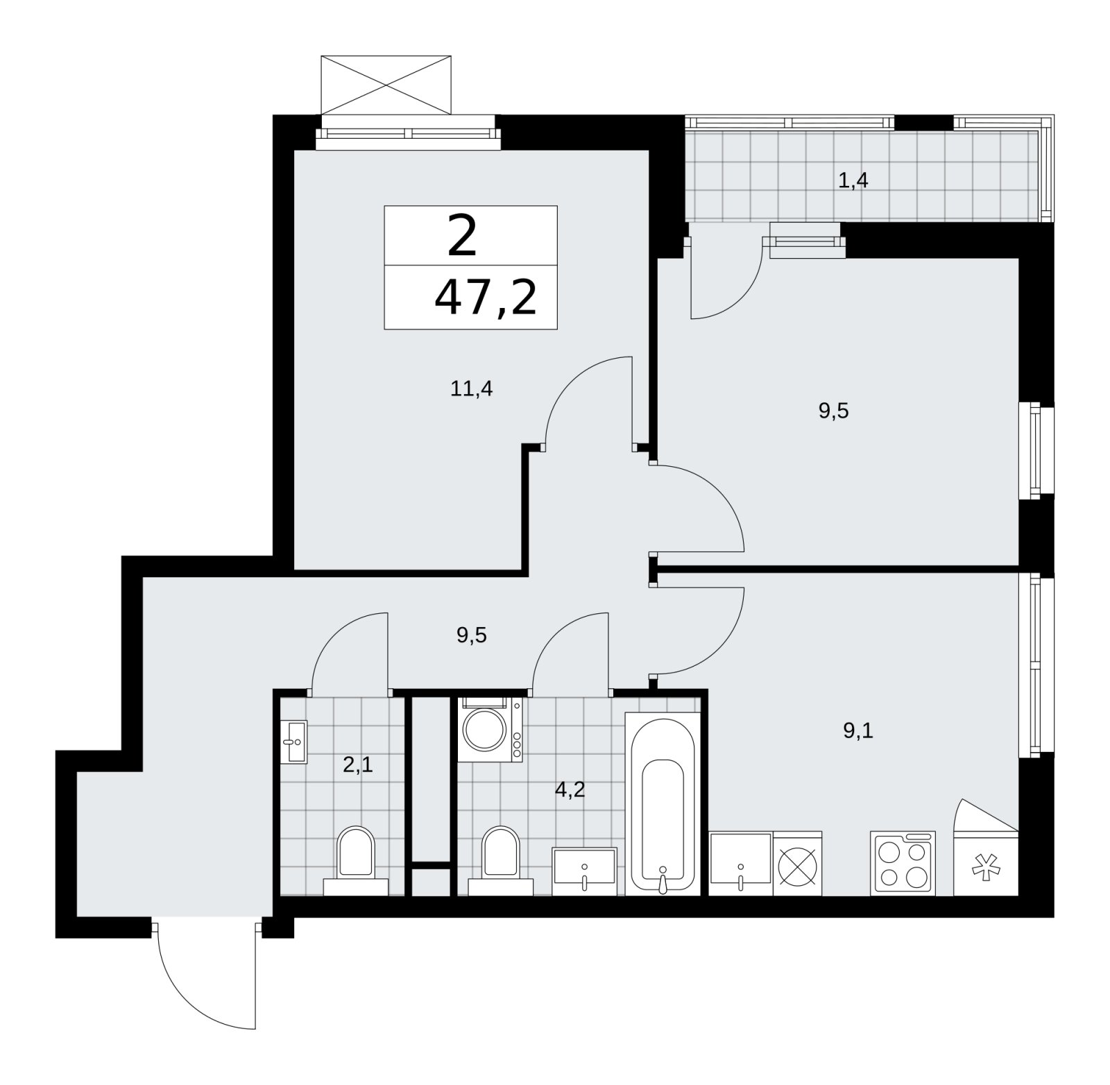 2-комнатная квартира с частичной отделкой, 47.2 м2, 12 этаж, сдача 1 квартал 2026 г., ЖК Прокшино, корпус 11.1.1 - объявление 2257237 - фото №1