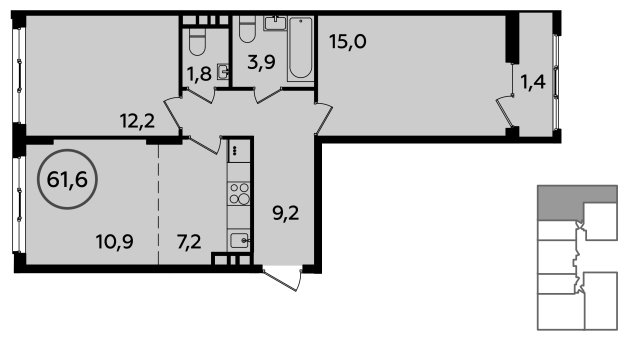 3-комнатная квартира (евро) без отделки, 61.6 м2, 10 этаж, сдача 1 квартал 2023 г., ЖК Прокшино, корпус 3.1 - объявление 1410583 - фото №1