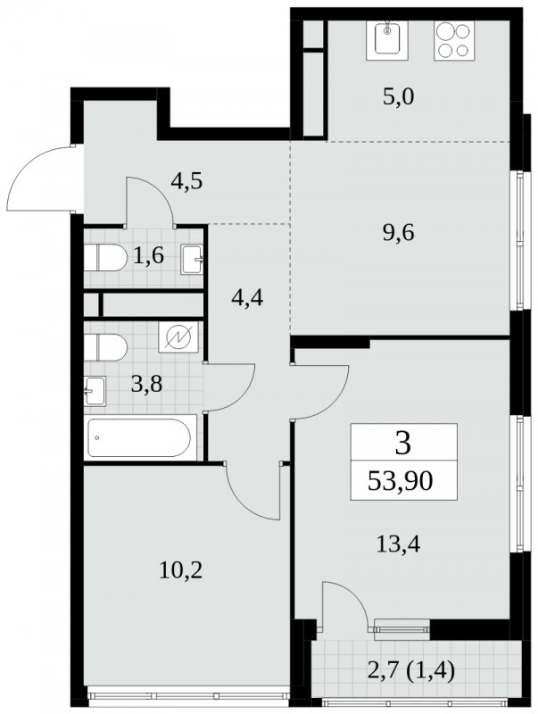 3-комнатная квартира (евро) без отделки, 53.9 м2, 15 этаж, сдача 2 квартал 2025 г., ЖК Южные сады, корпус 2.3 - объявление 1758104 - фото №1