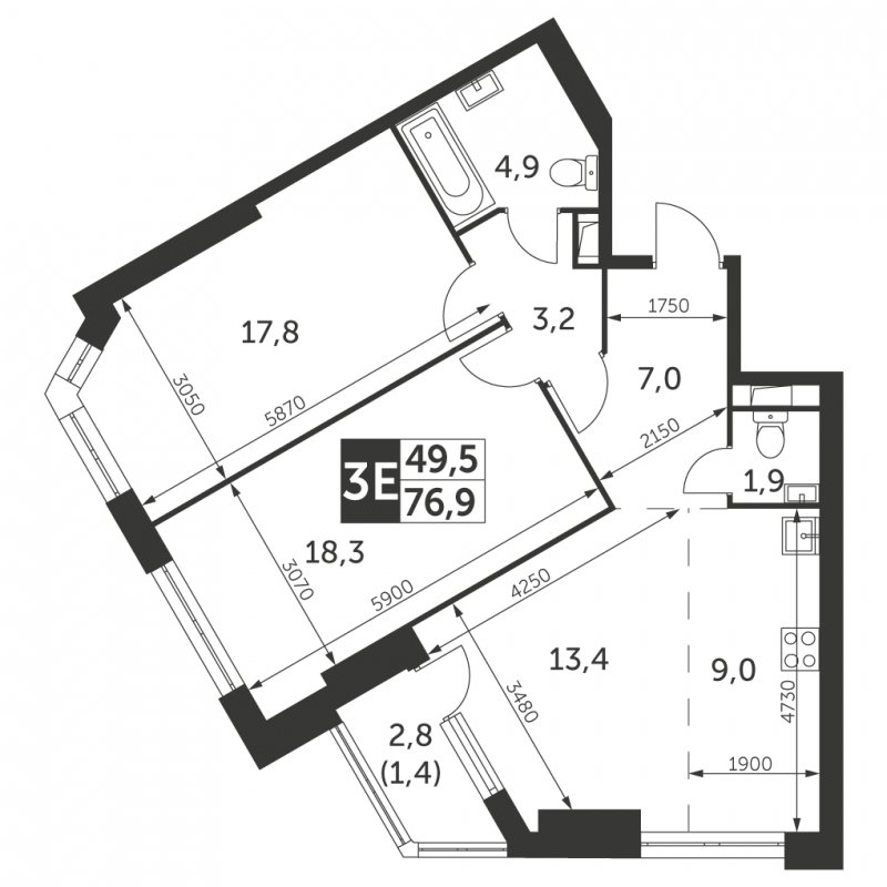 3-комнатная квартира с частичной отделкой, 76.9 м2, 20 этаж, сдача 4 квартал 2023 г., ЖК Архитектор, корпус 3 - объявление 1694281 - фото №1