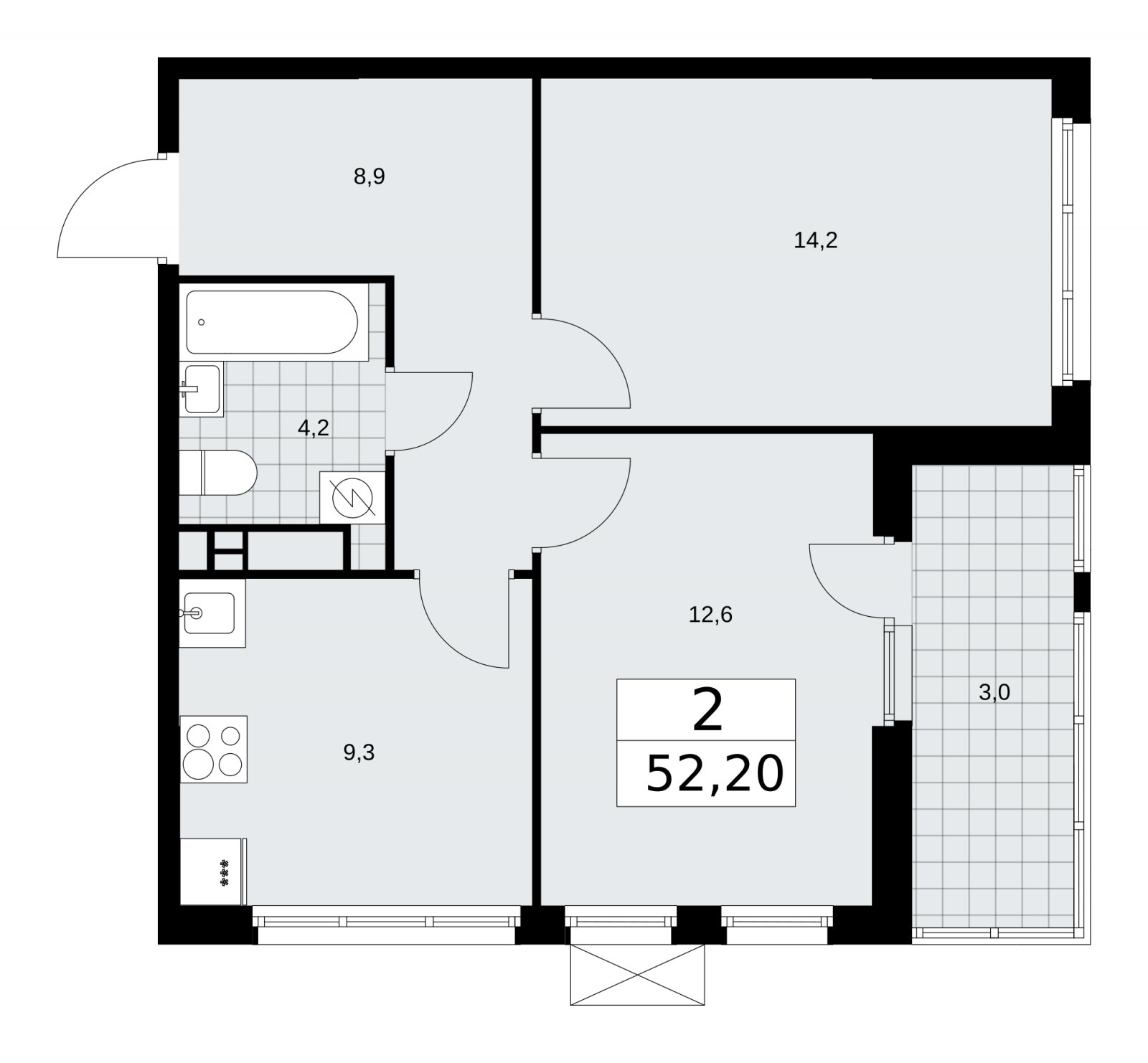 2-комнатная квартира с частичной отделкой, 52.2 м2, 14 этаж, сдача 4 квартал 2025 г., ЖК Бунинские кварталы, корпус 3.5 - объявление 2152238 - фото №1