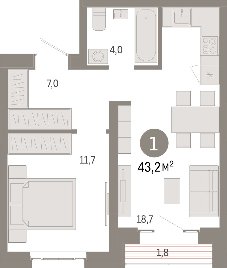 1-комнатная квартира с частичной отделкой, 43.2 м2, 13 этаж, сдача 3 квартал 2026 г., ЖК Квартал Метроном, корпус 1 - объявление 2376551 - фото №1