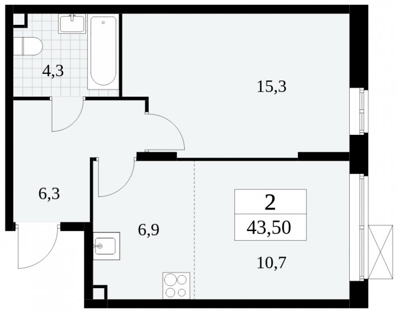 2-комнатная квартира (евро) без отделки, 43.5 м2, 2 этаж, сдача 2 квартал 2024 г., ЖК Прокшино, корпус 6.3 - объявление 1662905 - фото №1