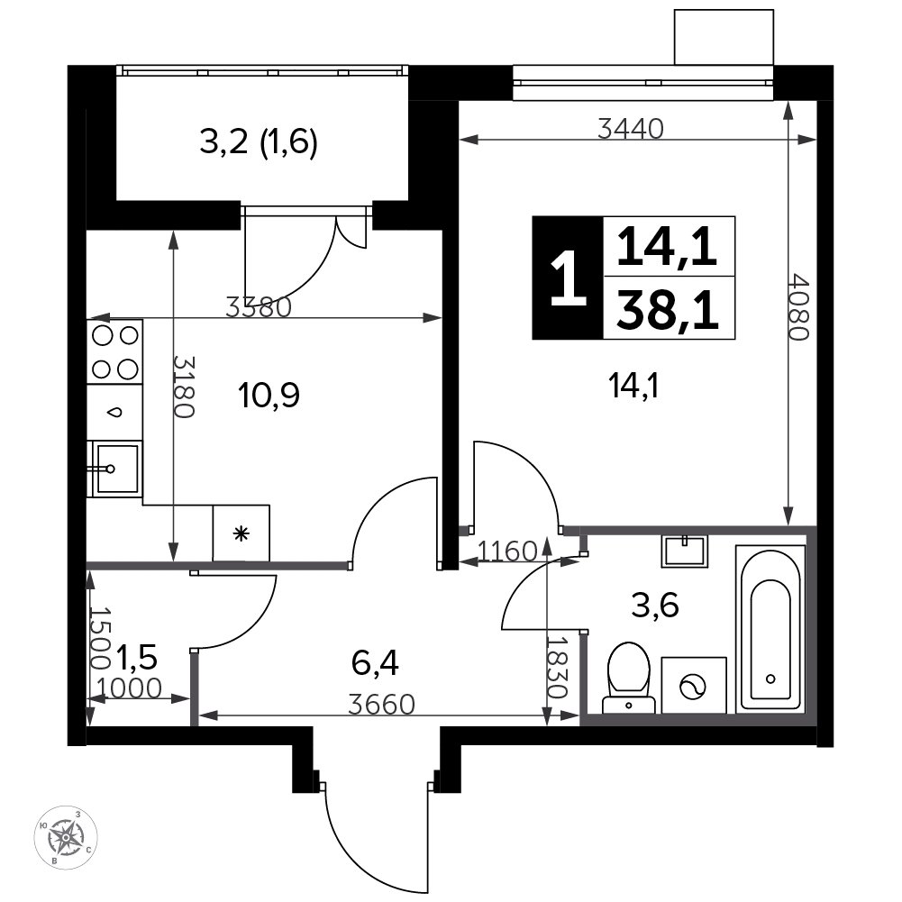 1-комнатная квартира с частичной отделкой, 38.1 м2, 19 этаж, сдача 3 квартал 2023 г., ЖК Южная Битца, корпус 11 - объявление 1984520 - фото №1