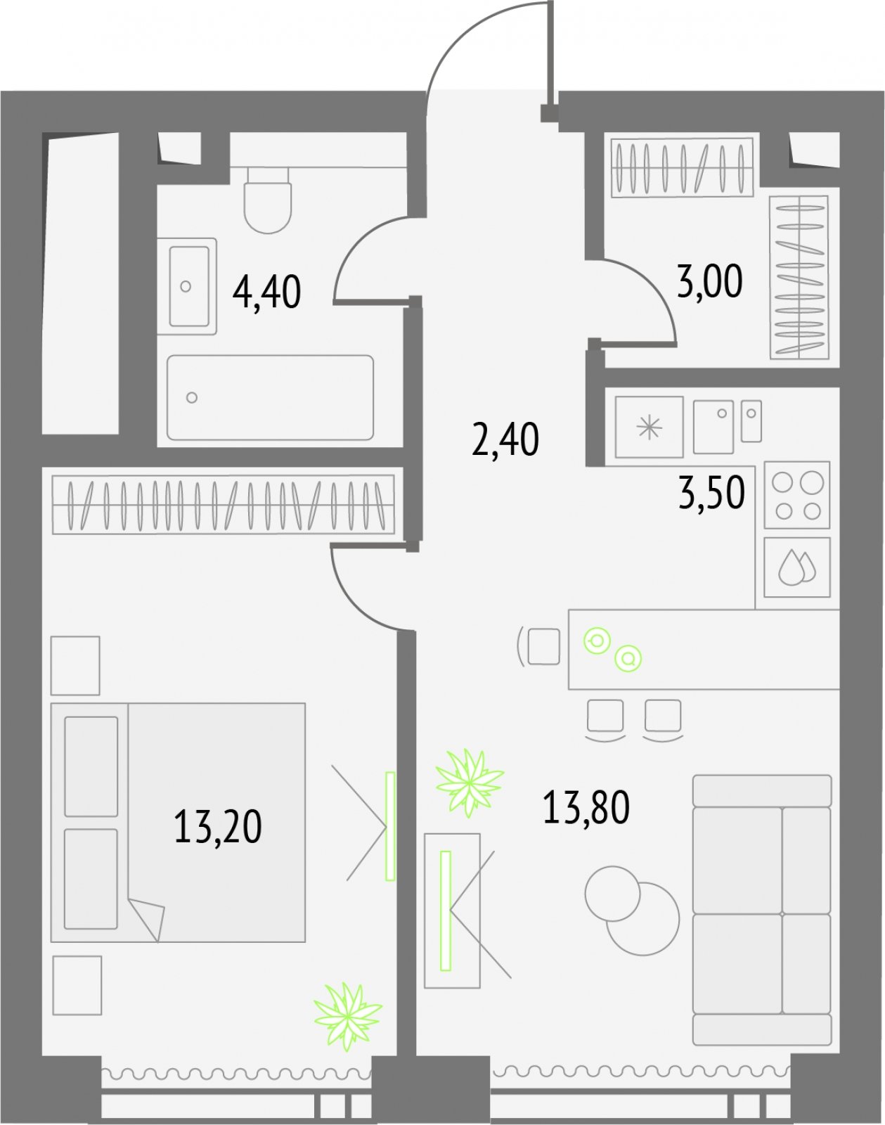 1-комнатная квартира без отделки, 40.3 м2, 50 этаж, сдача 2 квартал 2026 г., ЖК Upside Towers, корпус 1 - объявление 2255997 - фото №1