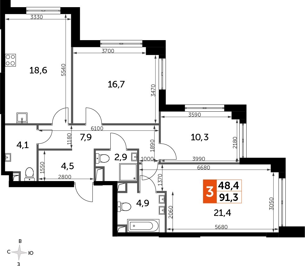 3-комнатная квартира с частичной отделкой, 91.3 м2, 32 этаж, сдача 3 квартал 2024 г., ЖК Sydney City, корпус 2.2 - объявление 2299347 - фото №1