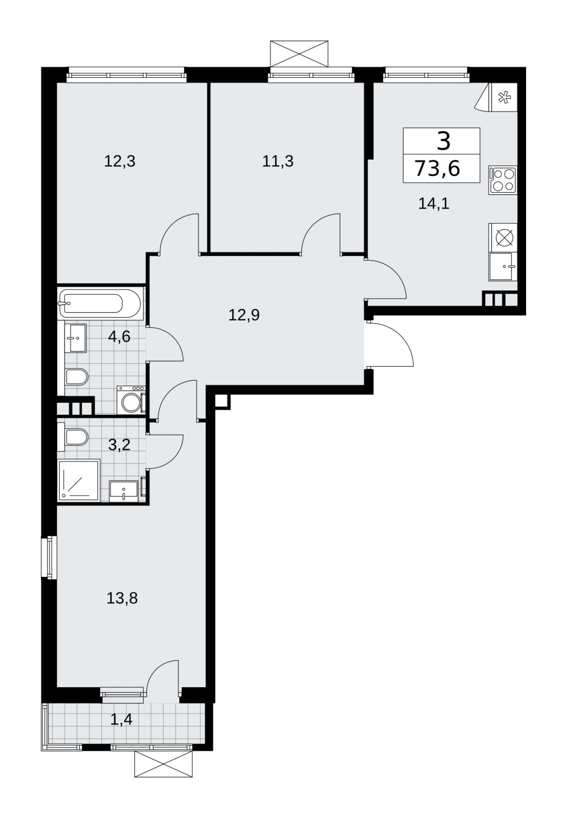 3-комнатная квартира с частичной отделкой, 73.6 м2, 3 этаж, сдача 2 квартал 2026 г., ЖК Прокшино, корпус 11.2.3 - объявление 2270193 - фото №1