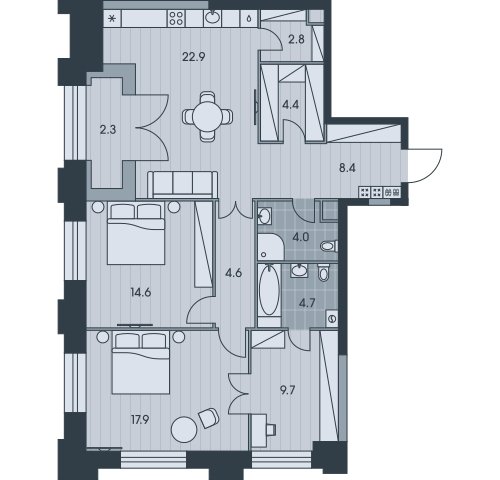 3-комнатная квартира без отделки, 96.3 м2, 28 этаж, сдача 3 квартал 2025 г., ЖК EVER, корпус 6 - объявление 2331777 - фото №1