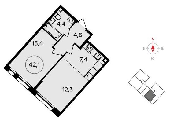 2-комнатная квартира (евро) без отделки, 42.1 м2, 2 этаж, сдача 3 квартал 2023 г., ЖК Прокшино, корпус 4.5 - объявление 1498539 - фото №1