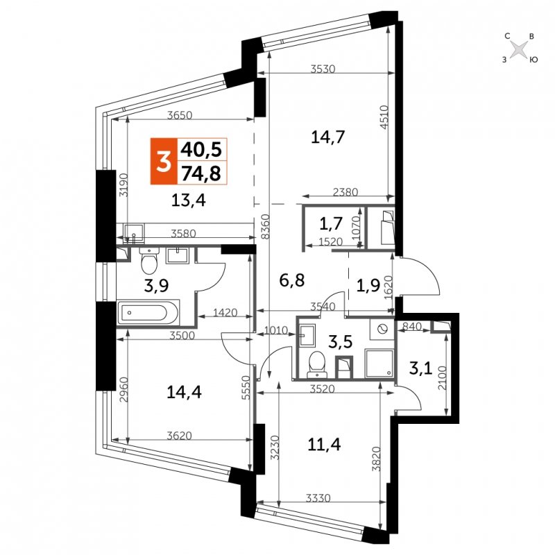 3-комнатная квартира с частичной отделкой, 74.8 м2, 15 этаж, сдача 4 квартал 2024 г., ЖК ROTTERDAM, корпус 2.3 - объявление 1710683 - фото №1