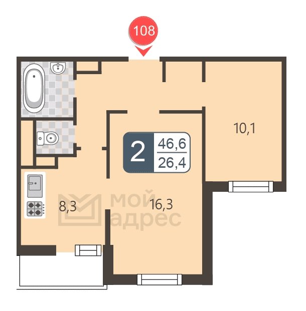 2-комнатная квартира с полной отделкой, 46.6 м2, 6 этаж, дом сдан, ЖК мой адрес В Зеленограде, корпус 2044 - объявление 1745268 - фото №1