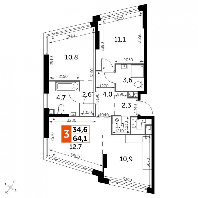 3-комнатная квартира с частичной отделкой, 64.1 м2, 24 этаж, сдача 4 квартал 2024 г., ЖК ROTTERDAM, корпус 2.1 - объявление 1954412 - фото №1