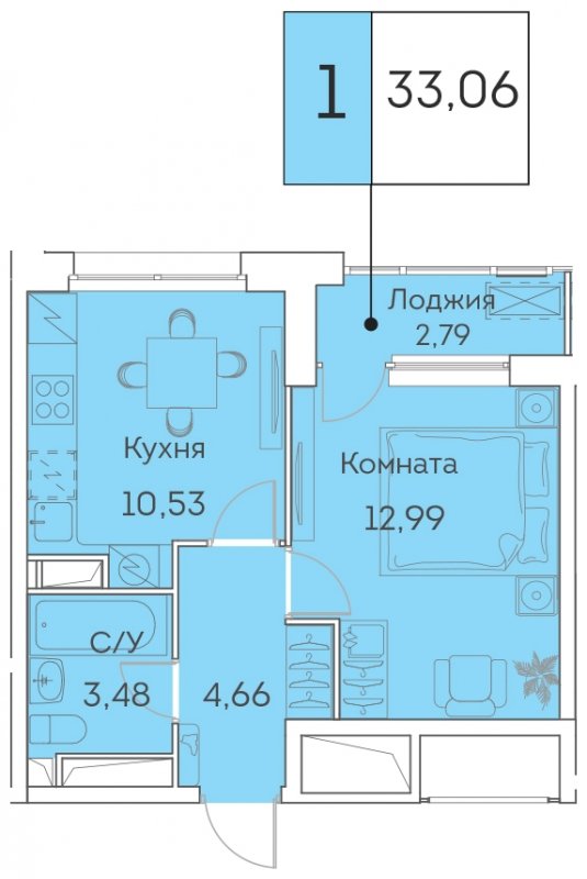 1-комнатная квартира с частичной отделкой, 33.06 м2, 14 этаж, сдача 3 квартал 2023 г., ЖК Аквилон BESIDE, корпус 1 - объявление 1419268 - фото №1