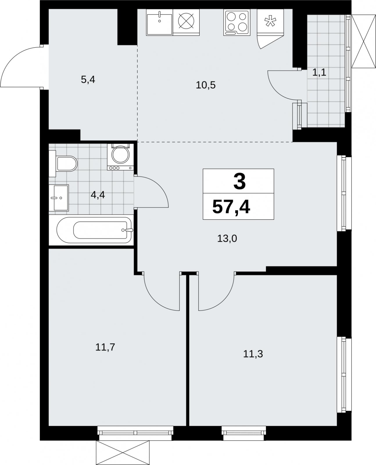 3-комнатная квартира (евро) без отделки, 57.4 м2, 7 этаж, сдача 2 квартал 2026 г., ЖК Дзен-кварталы, корпус 6.1.1 - объявление 2327166 - фото №1