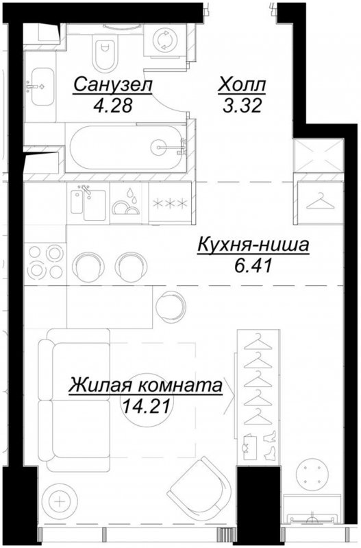 Студия с частичной отделкой, 28.16 м2, 4 этаж, сдача 4 квартал 2024 г., ЖК MOD, корпус Mod.D - объявление 1788576 - фото №1