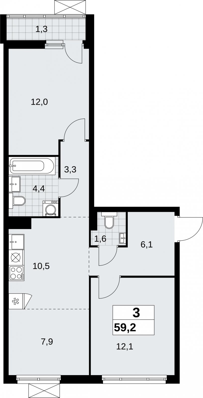 3-комнатная квартира (евро) без отделки, 59.2 м2, 3 этаж, сдача 2 квартал 2026 г., ЖК Дзен-кварталы, корпус 6.1.1 - объявление 2327082 - фото №1