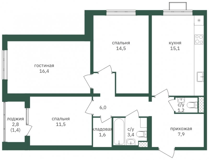 3-комнатная квартира с полной отделкой, 79 м2, 8 этаж, сдача 3 квартал 2023 г., ЖК Зеленая Вертикаль, корпус 8 - объявление 1806826 - фото №1