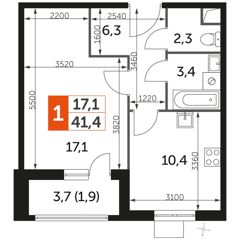 1-комнатная квартира без отделки, 41.4 м2, 1 этаж, дом сдан, ЖК UP-квартал Римский, корпус 7 - объявление 2208555 - фото №1
