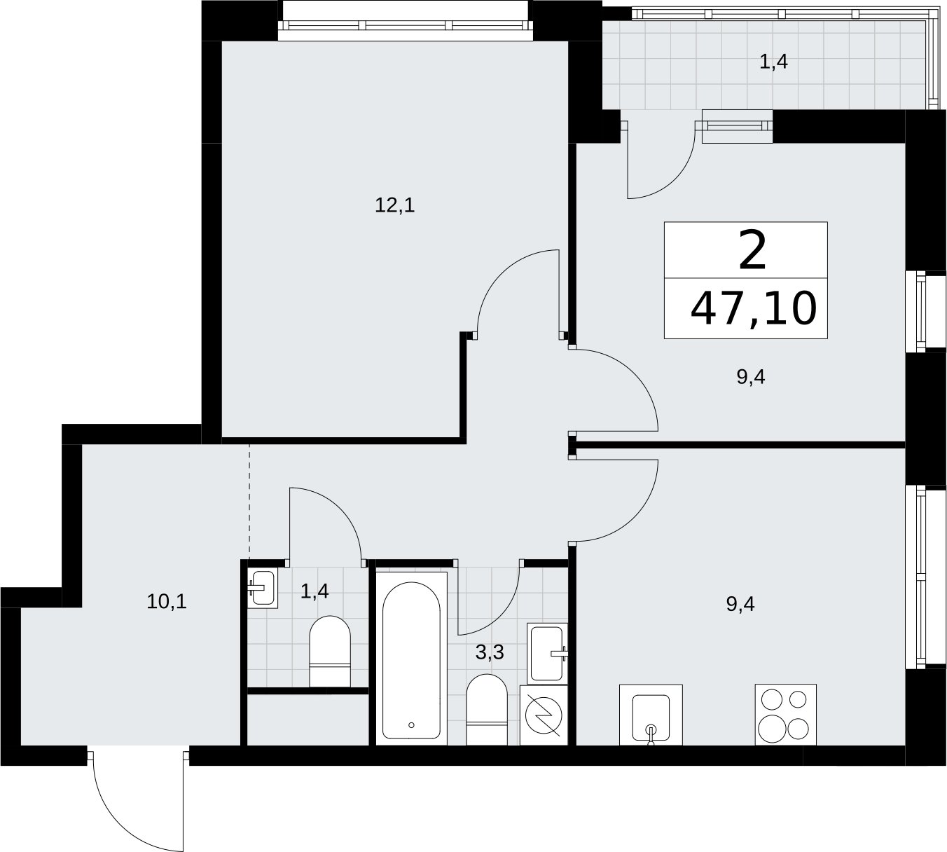 2-комнатная квартира с полной отделкой, 47.1 м2, 3 этаж, сдача 4 квартал 2026 г., ЖК Родные кварталы, корпус 1.2 - объявление 2317973 - фото №1