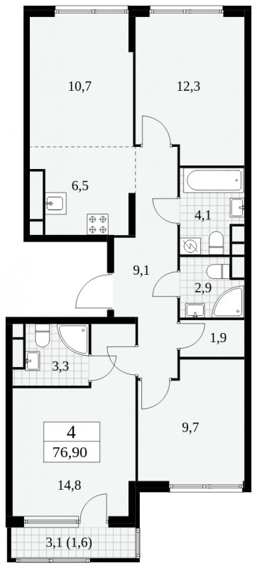 4-комнатная квартира (евро) без отделки, 76.9 м2, 19 этаж, сдача 2 квартал 2025 г., ЖК Южные сады, корпус 2.4 - объявление 1760491 - фото №1