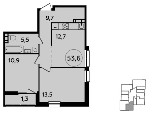 2-комнатная квартира без отделки, 53.6 м2, 19 этаж, сдача 1 квартал 2024 г., ЖК Южные сады, корпус 1.2 - объявление 1512223 - фото №1