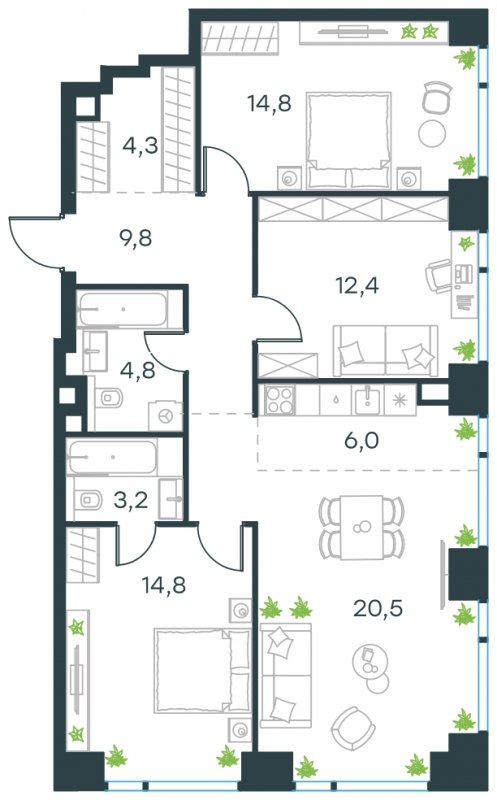 4-комнатная квартира (евро) без отделки, 90.6 м2, 26 этаж, сдача 4 квартал 2024 г., ЖК Level Мичуринский, корпус 4 - объявление 1693685 - фото №1