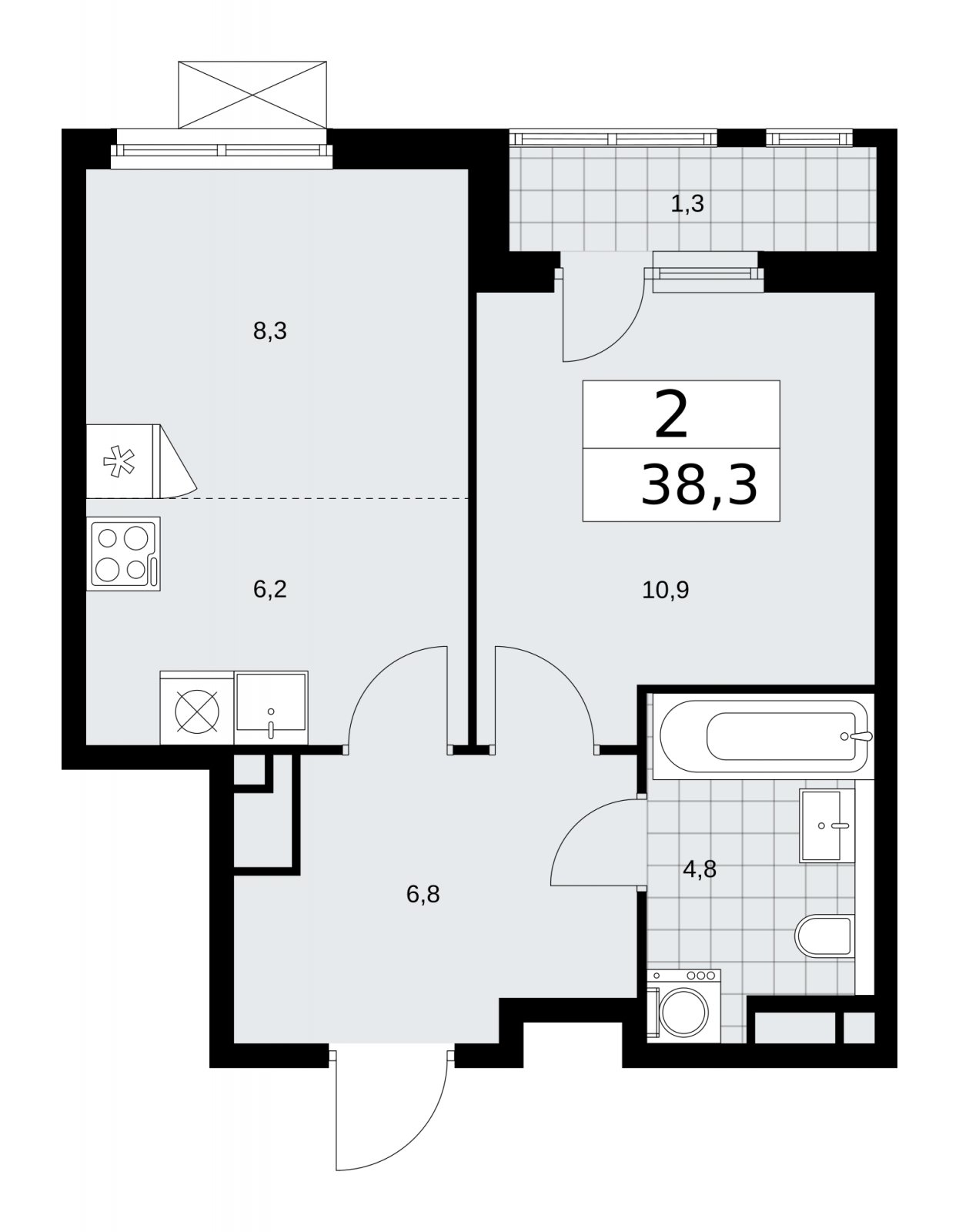 2-комнатная квартира (евро) с частичной отделкой, 38.3 м2, 13 этаж, сдача 2 квартал 2026 г., ЖК Прокшино, корпус 11.2.3 - объявление 2270413 - фото №1