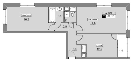 2-комнатная квартира без отделки, 62.1 м2, 12 этаж, сдача 4 квартал 2022 г., ЖК Румянцево-Парк, корпус 3 - объявление 1809523 - фото №1