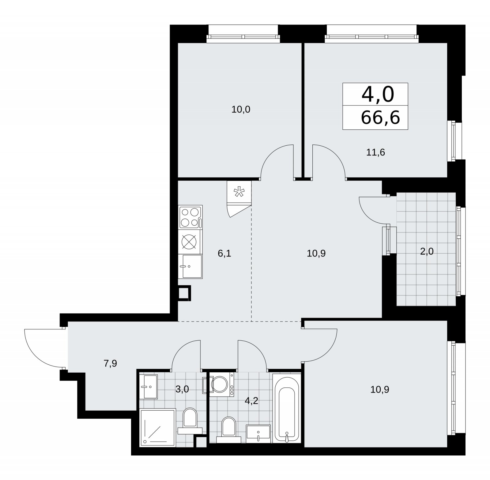 4-комнатная квартира (евро) с частичной отделкой, 66.6 м2, 2 этаж, сдача 2 квартал 2026 г., ЖК Дзен-кварталы, корпус 3.5 - объявление 2242311 - фото №1
