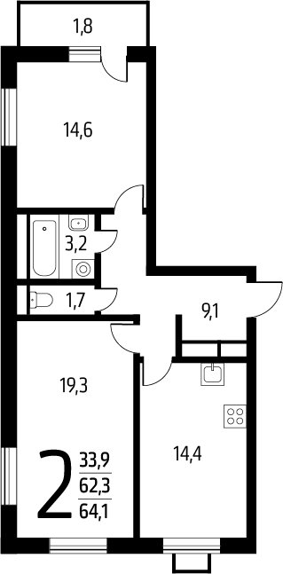 2-комнатная квартира с полной отделкой, 64.1 м2, 8 этаж, сдача 1 квартал 2025 г., ЖК Новые Ватутинки. Заречный, корпус 5/2 - объявление 2271927 - фото №1