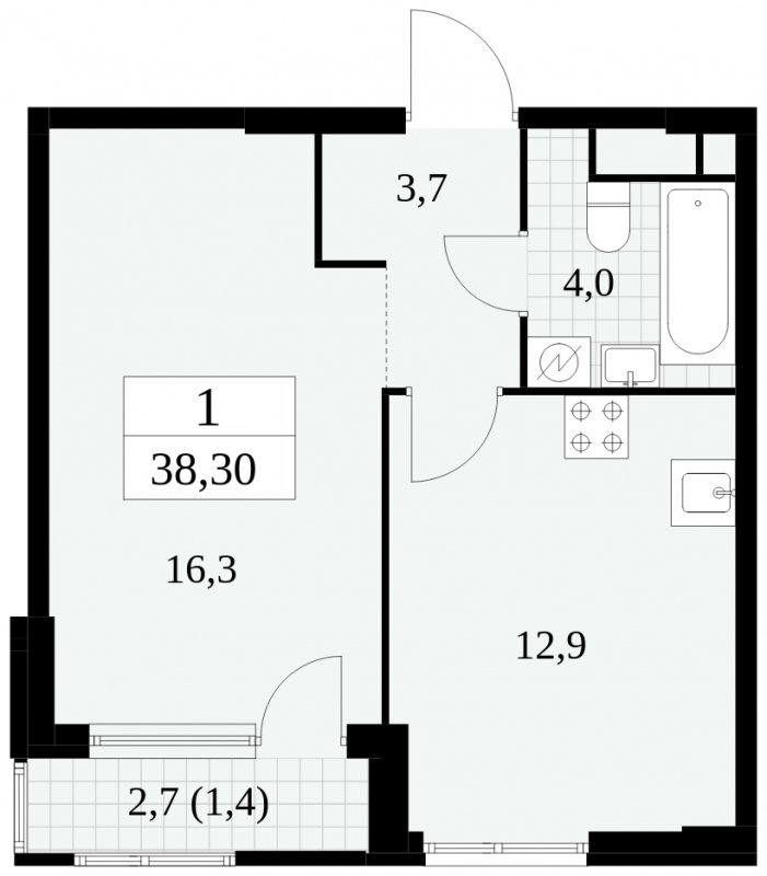 1-комнатная квартира без отделки, 38.3 м2, 4 этаж, сдача 2 квартал 2025 г., ЖК Южные сады, корпус 2.4 - объявление 1760280 - фото №1