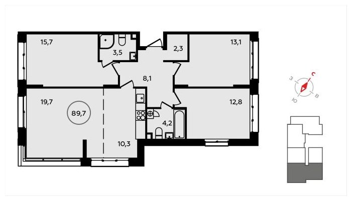 4-комнатная квартира (евро) с полной отделкой, 89.7 м2, 2 этаж, сдача 3 квартал 2024 г., ЖК Скандинавия, корпус 2.22.4 - объявление 1625635 - фото №1