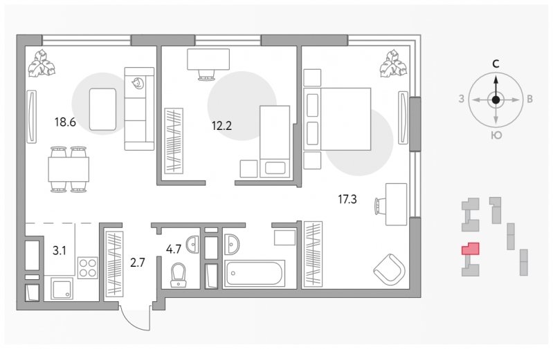 3-комнатная квартира (евро) с полной отделкой, 58.6 м2, 24 этаж, сдача 2 квартал 2023 г., ЖК Инновация, корпус 5 - объявление 1471781 - фото №1
