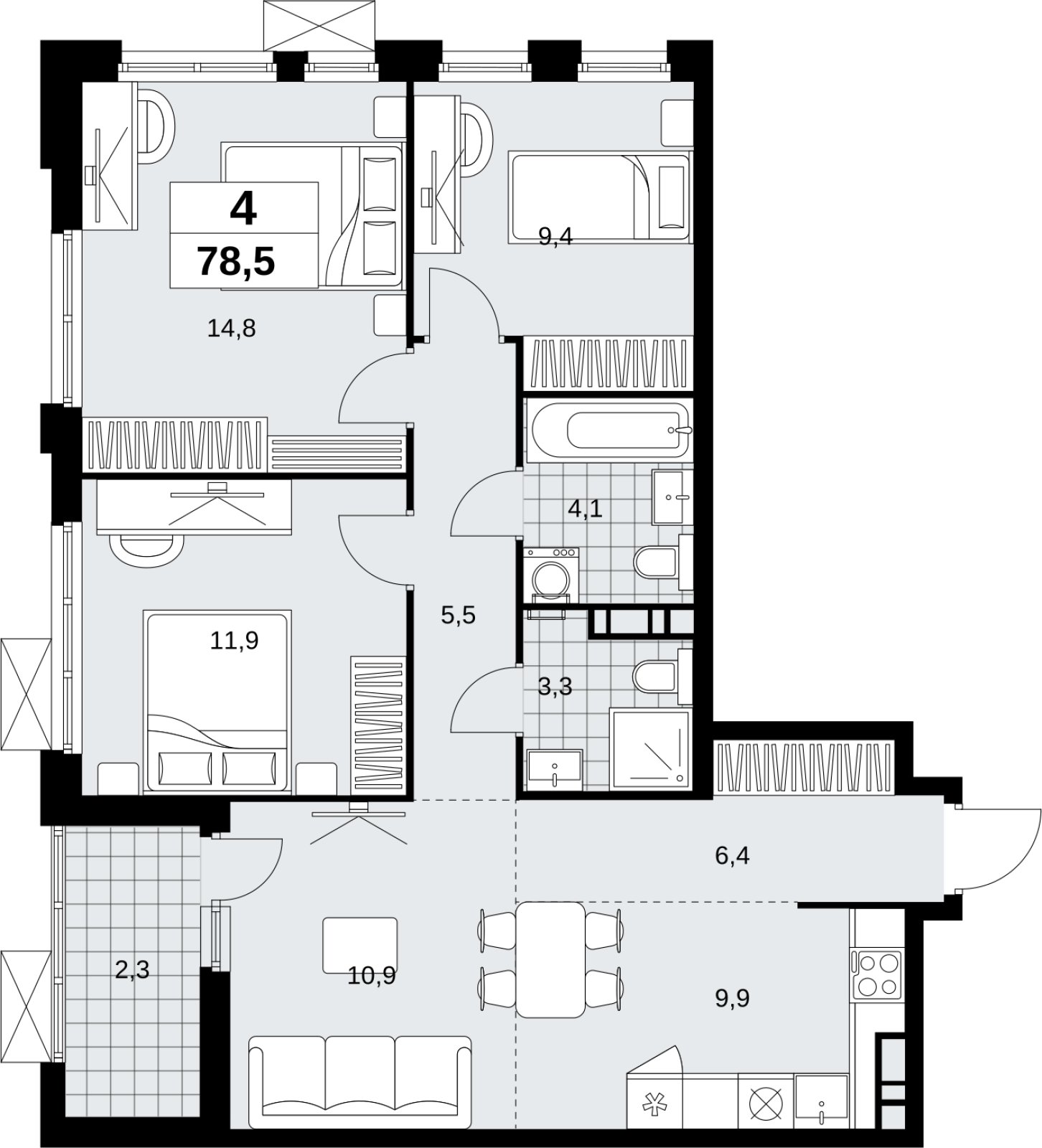 4-комнатная квартира (евро) без отделки, 78.5 м2, 15 этаж, сдача 4 квартал 2026 г., ЖК Скандинавия, корпус 2.18.2.6 - объявление 2351835 - фото №1