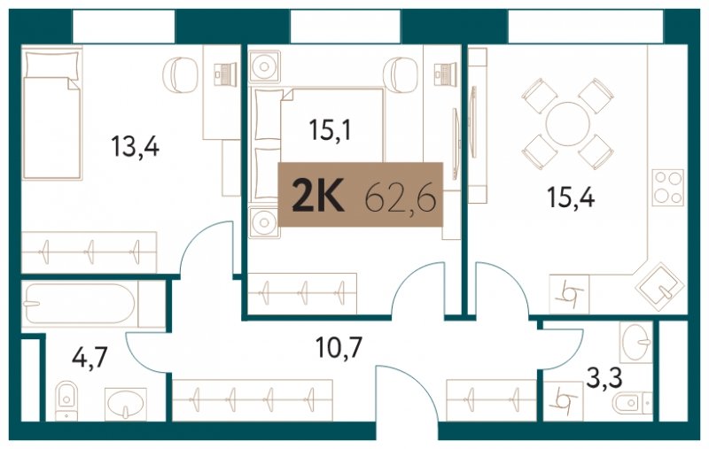 2-комнатная квартира без отделки, 62.6 м2, 20 этаж, сдача 4 квартал 2022 г., ЖК Настоящее, корпус 3 - объявление 1711332 - фото №1