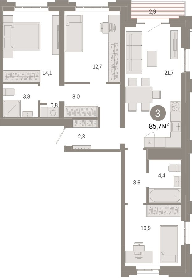 3-комнатная квартира с частичной отделкой, 85.7 м2, 3 этаж, сдача 3 квартал 2026 г., ЖК Квартал Метроном, корпус 1 - объявление 2300712 - фото №1