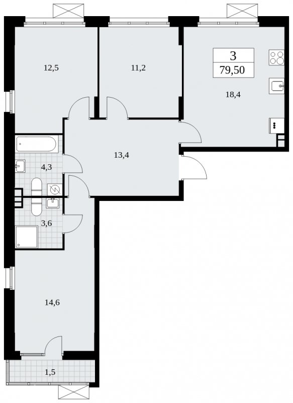 3-комнатная квартира без отделки, 79.5 м2, 3 этаж, сдача 4 квартал 2024 г., ЖК Бунинские кварталы, корпус 2.4 - объявление 1882594 - фото №1
