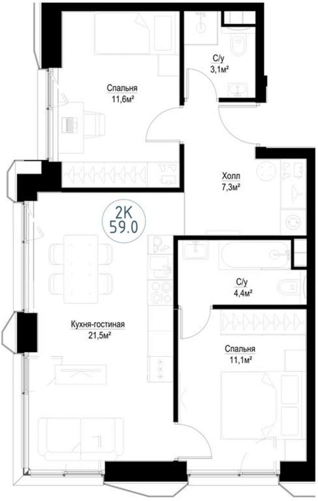 2-комнатная квартира с частичной отделкой, 59 м2, 2 этаж, сдача 3 квартал 2024 г., ЖК Метрополия, корпус Veliky Novgorod - объявление 2214641 - фото №1