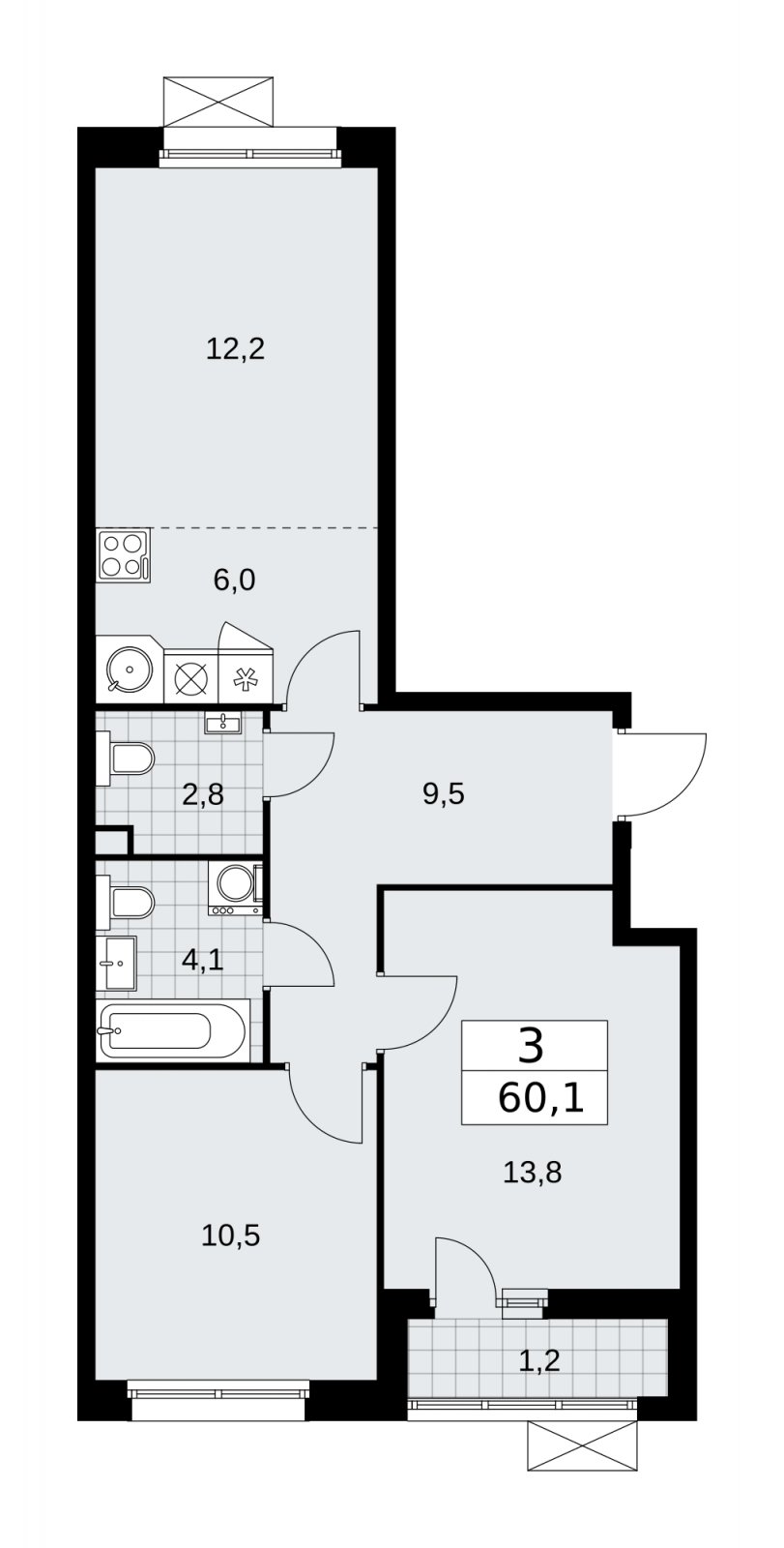 3-комнатная квартира (евро) без отделки, 60.1 м2, 2 этаж, сдача 2 квартал 2026 г., ЖК Скандинавия, корпус 25.4 - объявление 2284173 - фото №1