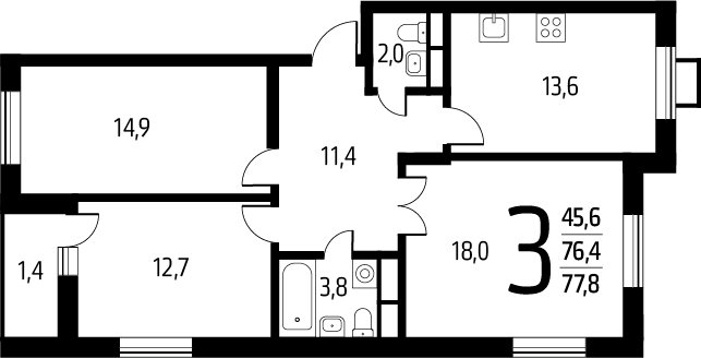 3-комнатная квартира с полной отделкой, 77.8 м2, 7 этаж, сдача 1 квартал 2025 г., ЖК Новые Ватутинки. Заречный, корпус 5/3 - объявление 2272102 - фото №1