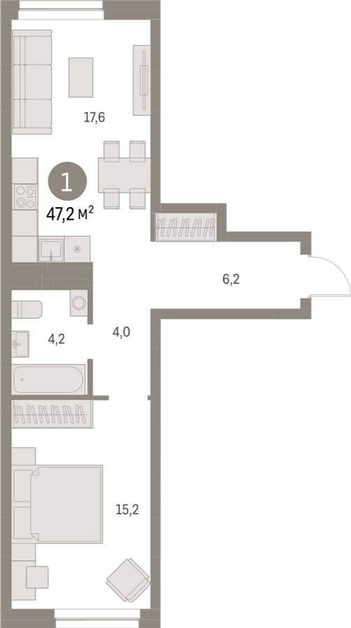 1-комнатная квартира с частичной отделкой, 47.2 м2, 5 этаж, сдача 1 квартал 2025 г., ЖК Первый квартал, корпус Дом 5 - объявление 2335030 - фото №1