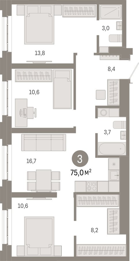 3-комнатная квартира 75 м2, 3 этаж, сдача 3 квартал 2026 г., ЖК Квартал Метроном, корпус 1 - объявление 2330836 - фото №1