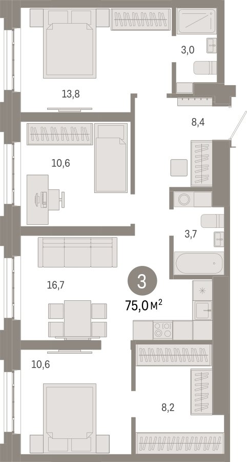 3-комнатная квартира 75 м2, 3 этаж, сдача 3 квартал 2026 г., ЖК Квартал Метроном, корпус 1 - объявление 2424051 - фото №1