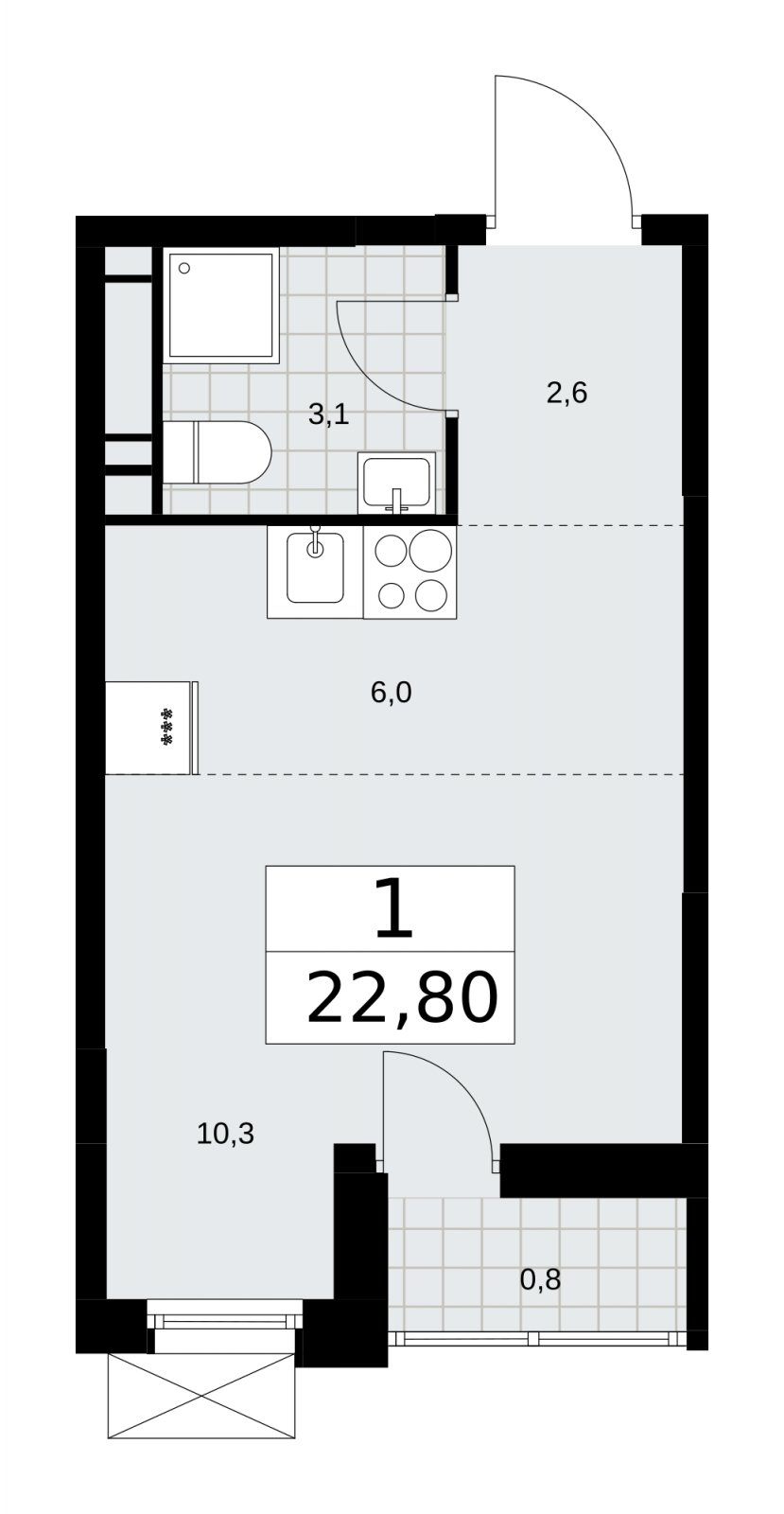 Студия без отделки, 22.8 м2, 15 этаж, сдача 3 квартал 2025 г., ЖК Скандинавия, корпус 28.1 - объявление 2201933 - фото №1