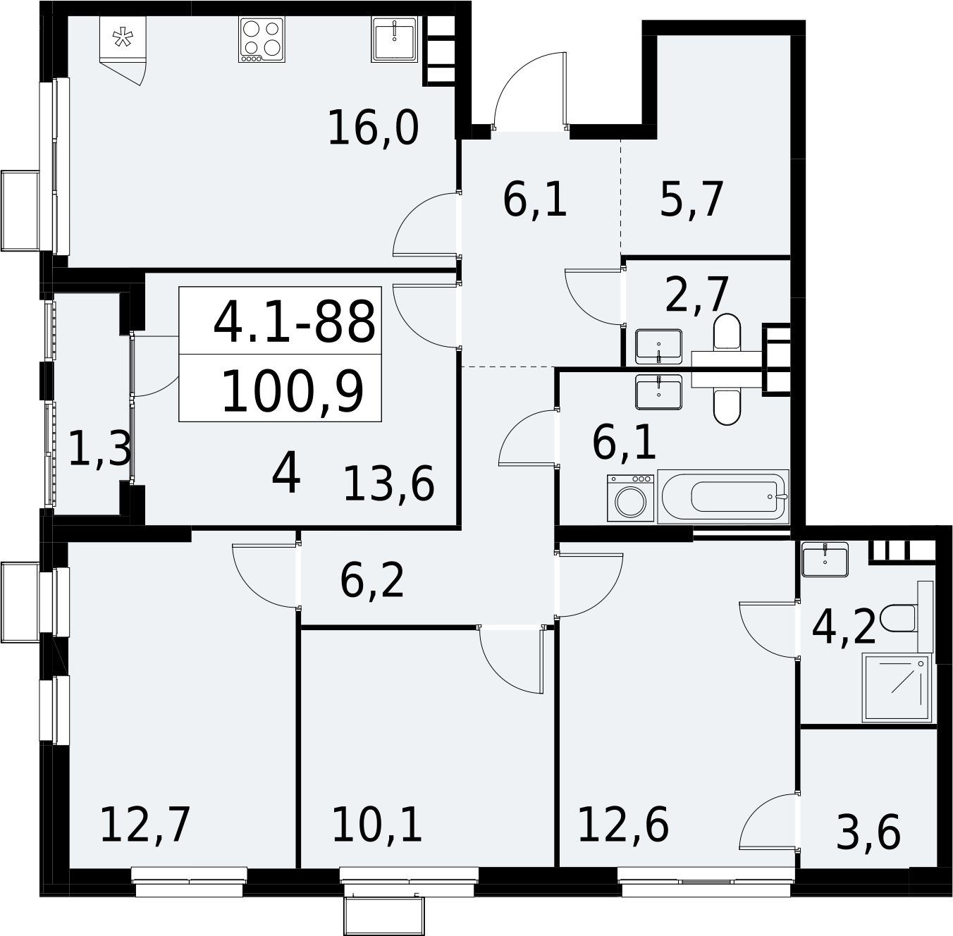 4-комнатная квартира с полной отделкой, 100.9 м2, 16 этаж, сдача 2 квартал 2027 г., ЖК Южные сады, корпус 4.1.1 - объявление 2392629 - фото №1