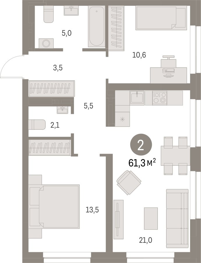 2-комнатная квартира с частичной отделкой, 61.3 м2, 4 этаж, сдача 1 квартал 2025 г., ЖК Первый квартал, корпус 5 - объявление 2310620 - фото №1