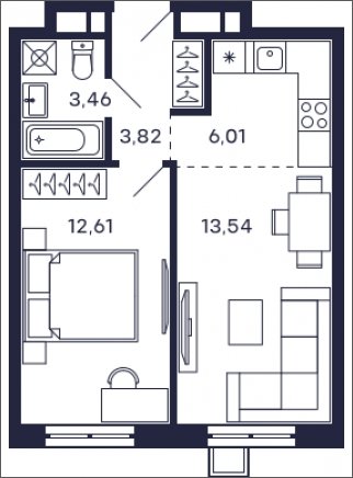 1-комнатная квартира без отделки, 39.44 м2, 18 этаж, сдача 2 квартал 2025 г., ЖК Квартал Тетрис, корпус "Квартал Тетрис 2.2" - объявление 2005441 - фото №1